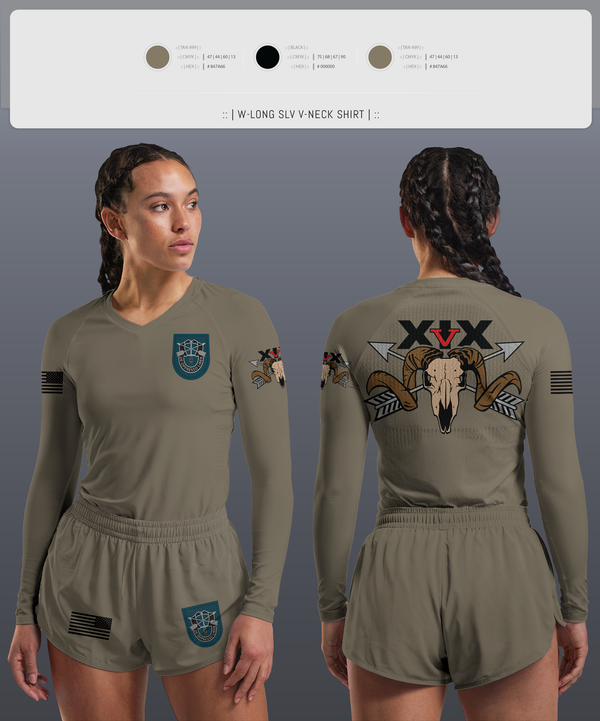 Womens Long Sleeve Vneck Shirt, 5/19th SFG, National Guard, Teamtime, Team time, sublimation, custom sports apparel, team uniforms, spirit wear, spiritwear, sports uniforms, custom shirts, team store, custom team store, fundraiser sports, apparel fundraiser