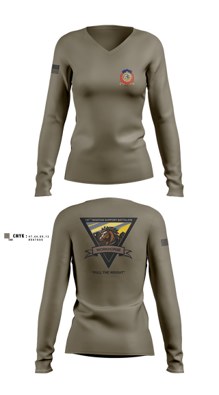 Womens Long Sleeve Vneck Shirt, 127th ASB WORKHORSE, Army, Teamtime, Team time, sublimation, custom sports apparel, team uniforms, spirit wear, spiritwear, sports uniforms, custom shirts, team store, custom team store, fundraiser sports, apparel fundraiser