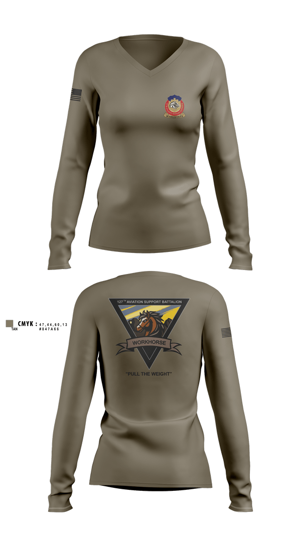 Womens Long Sleeve Vneck Shirt, 127th ASB WORKHORSE, Army, Teamtime, Team time, sublimation, custom sports apparel, team uniforms, spirit wear, spiritwear, sports uniforms, custom shirts, team store, custom team store, fundraiser sports, apparel fundraiser
