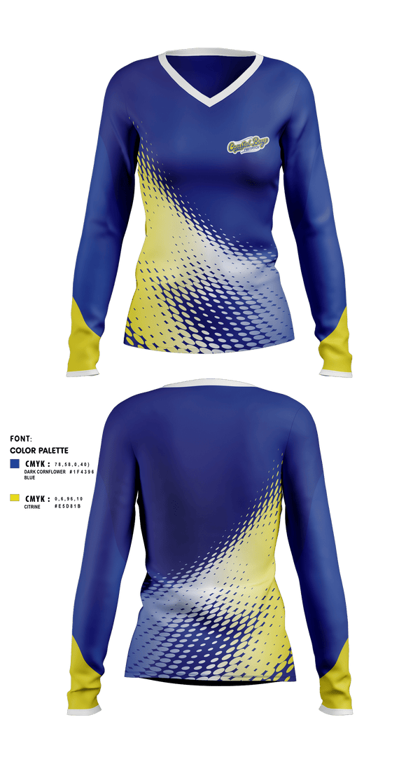 Womens Long Sleeve Vneck Shirt, Coastal Bay, Softball, Teamtime, Team time, sublimation, custom sports apparel, team uniforms, spirit wear, spiritwear, sports uniforms, custom shirts, team store, custom team store, fundraiser sports, apparel fundraiser