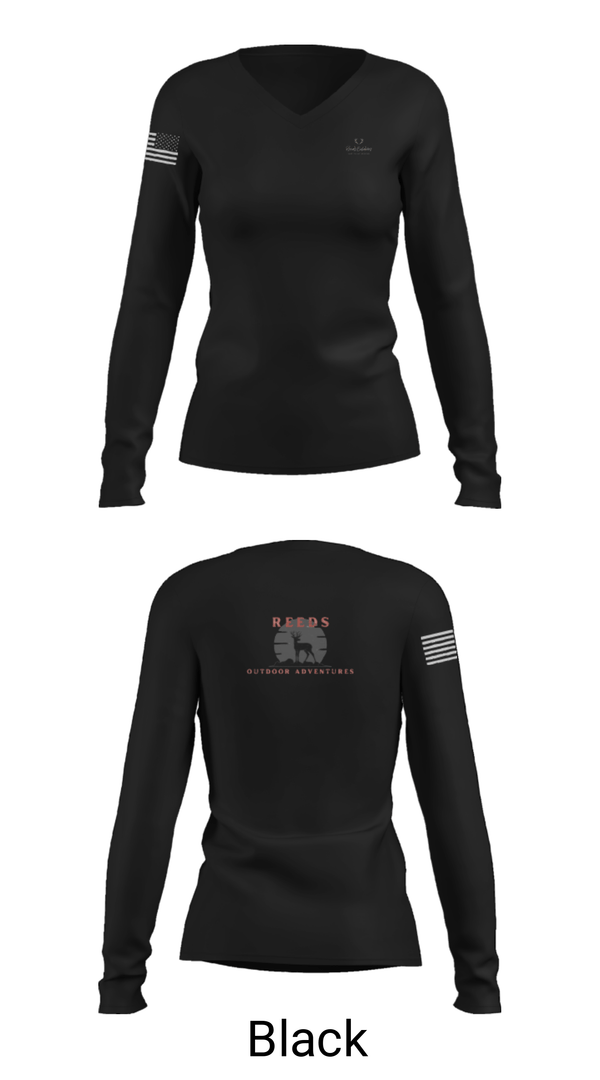 Women's Long Sleeve Vneck Shirt, Reeds Outdoor Adventures, , Teamtime, Team time, sublimation, custom sports apparel, team uniforms, spirit wear, spiritwear, sports uniforms, custom shirts, team store, custom team store, fundraiser sports, apparel fundraiser