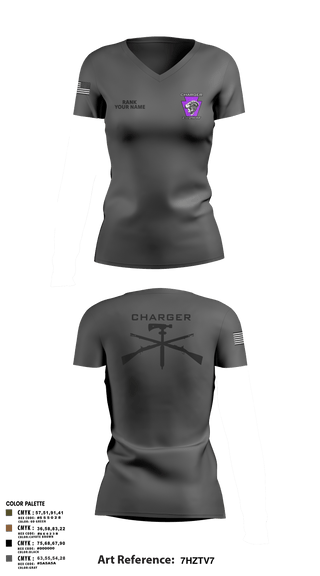 Womens Short Sleeve Vneck Shirt, Charger Co. / 2-112th Infantry Battalion, National Guard, Teamtime, Team time, sublimation, custom sports apparel, team uniforms, spirit wear, spiritwear, sports uniforms, custom shirts, team store, custom team store, fundraiser sports, apparel fundraiser