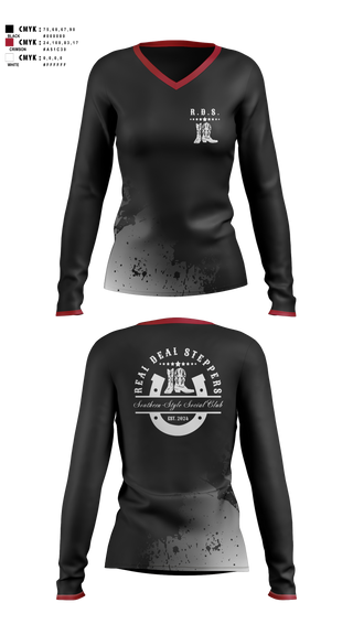 Womens Long Sleeve Vneck Shirt, Real Deal Steppers, Spirit Store, Teamtime, Team time, sublimation, custom sports apparel, team uniforms, spirit wear, spiritwear, sports uniforms, custom shirts, team store, custom team store, fundraiser sports, apparel fundraiser