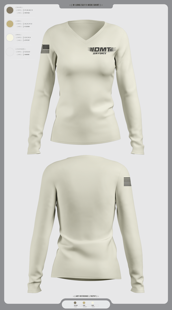 Womens Long Sleeve Vneck Shirt, IDMT, Air Force, Teamtime, Team time, sublimation, custom sports apparel, team uniforms, spirit wear, spiritwear, sports uniforms, custom shirts, team store, custom team store, fundraiser sports, apparel fundraiser