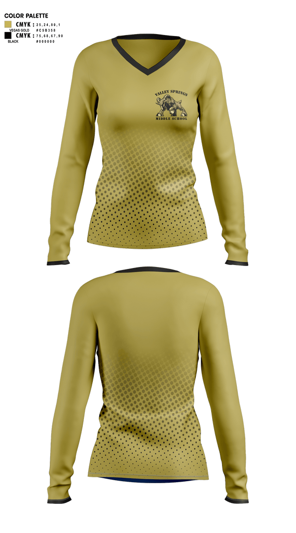 Womens Long Sleeve Vneck Shirt, Valley Springs Middle School, Spirit Store, Teamtime, Team time, sublimation, custom sports apparel, team uniforms, spirit wear, spiritwear, sports uniforms, custom shirts, team store, custom team store, fundraiser sports, apparel fundraiser