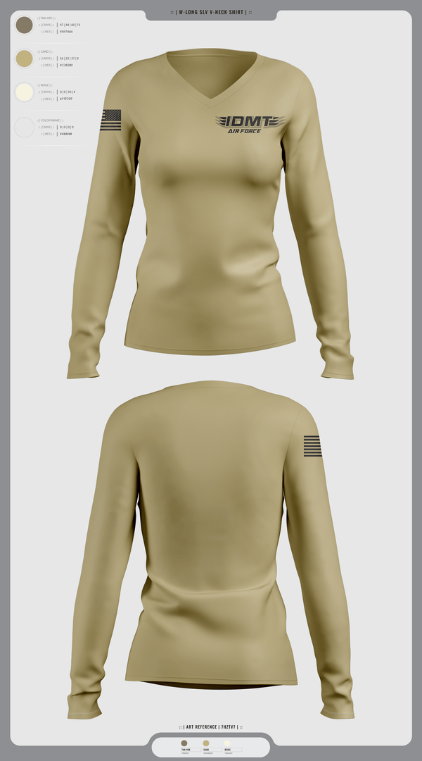 Womens Long Sleeve Vneck Shirt, IDMT, Air Force, Teamtime, Team time, sublimation, custom sports apparel, team uniforms, spirit wear, spiritwear, sports uniforms, custom shirts, team store, custom team store, fundraiser sports, apparel fundraiser
