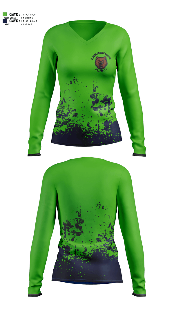 Womens Long Sleeve Vneck Shirt, Clover Garden School Grizzlies, Spirit Store, Teamtime, Team time, sublimation, custom sports apparel, team uniforms, spirit wear, spiritwear, sports uniforms, custom shirts, team store, custom team store, fundraiser sports, apparel fundraiser