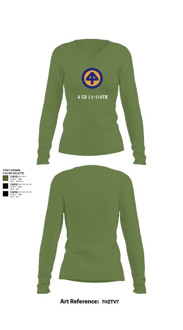 Women's Long Sleeve Vneck Shirt, A Co 1/1-114th, Army, Teamtime, Team time, sublimation, custom sports apparel, team uniforms, spirit wear, spiritwear, sports uniforms, custom shirts, team store, custom team store, fundraiser sports, apparel fundraiser