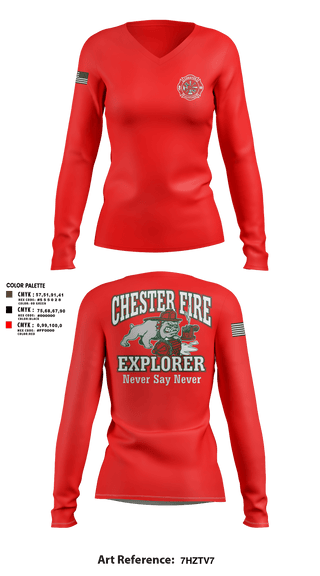 Women's Long Sleeve Vneck Shirt, Chester fire explorers, Fire Department, Teamtime, Team time, sublimation, custom sports apparel, team uniforms, spirit wear, spiritwear, sports uniforms, custom shirts, team store, custom team store, fundraiser sports, apparel fundraiser