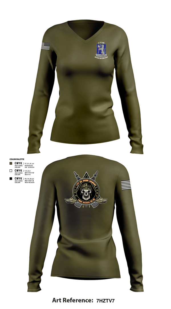 Womens Long Sleeve Vneck Shirt, 1-77 AR A Co., Army, Teamtime, Team time, sublimation, custom sports apparel, team uniforms, spirit wear, spiritwear, sports uniforms, custom shirts, team store, custom team store, fundraiser sports, apparel fundraiser