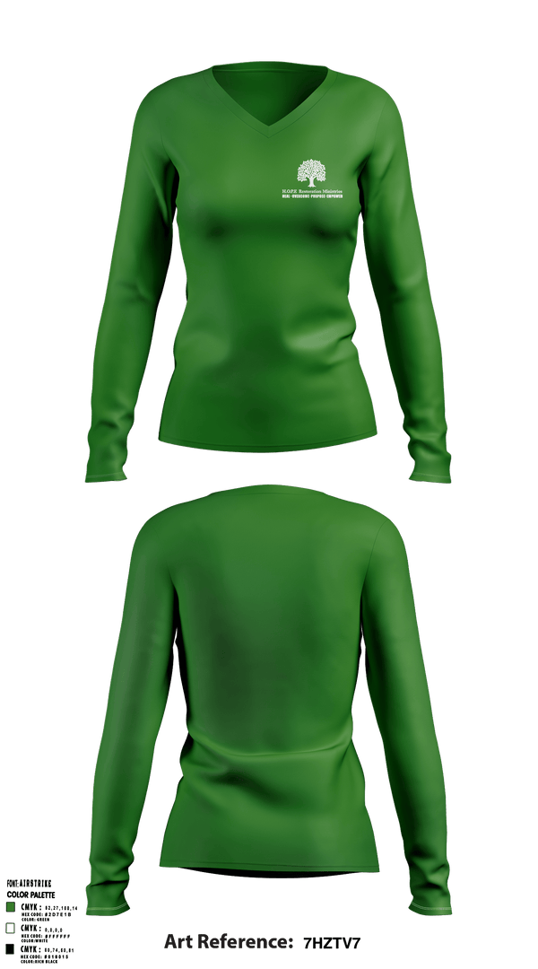 Womens Long Sleeve Vneck Shirt, Hope Restoration Ministries, , Teamtime, Team time, sublimation, custom sports apparel, team uniforms, spirit wear, spiritwear, sports uniforms, custom shirts, team store, custom team store, fundraiser sports, apparel fundraiser