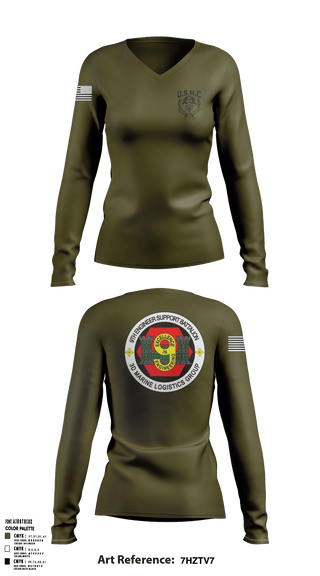 Womens Long Sleeve Vneck Shirt, 9th Engineer Support Company, Marines, Teamtime, Team time, sublimation, custom sports apparel, team uniforms, spirit wear, spiritwear, sports uniforms, custom shirts, team store, custom team store, fundraiser sports, apparel fundraiser