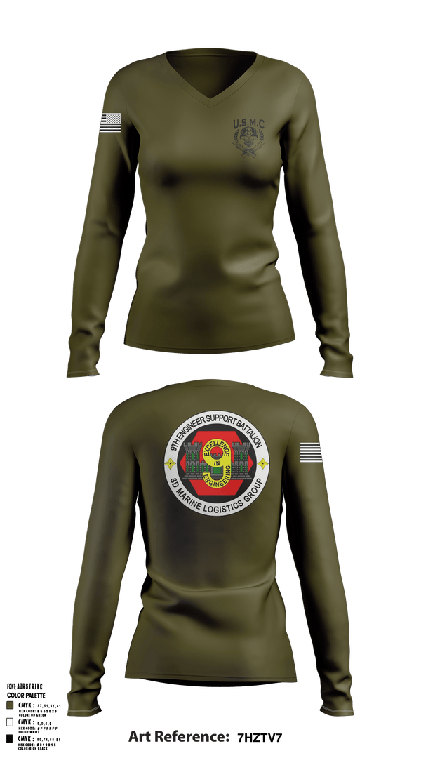 Womens Long Sleeve Vneck Shirt, 9th Engineer Support Company, Marines, Teamtime, Team time, sublimation, custom sports apparel, team uniforms, spirit wear, spiritwear, sports uniforms, custom shirts, team store, custom team store, fundraiser sports, apparel fundraiser
