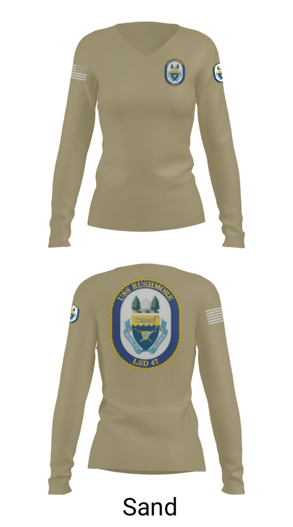Women's Long Sleeve Vneck Shirt, USS RUSHMORE, Navy, Teamtime, Team time, sublimation, custom sports apparel, team uniforms, spirit wear, spiritwear, sports uniforms, custom shirts, team store, custom team store, fundraiser sports, apparel fundraiser