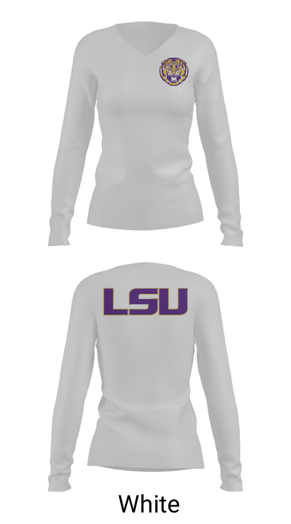 Women's Long Sleeve Vneck Shirt, Louisiana State University, Spirit Store, Teamtime, Team time, sublimation, custom sports apparel, team uniforms, spirit wear, spiritwear, sports uniforms, custom shirts, team store, custom team store, fundraiser sports, apparel fundraiser