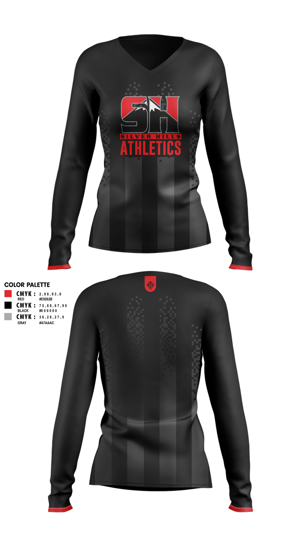 Womens Long Sleeve Vneck Shirt, Silver Hills MS, , Teamtime, Team time, sublimation, custom sports apparel, team uniforms, spirit wear, spiritwear, sports uniforms, custom shirts, team store, custom team store, fundraiser sports, apparel fundraiser