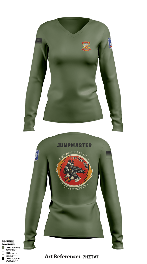 Womens Long Sleeve Vneck Shirt, FCO 4-319 AFAR, 173 IBCT(A), Army, Teamtime, Team time, sublimation, custom sports apparel, team uniforms, spirit wear, spiritwear, sports uniforms, custom shirts, team store, custom team store, fundraiser sports, apparel fundraiser