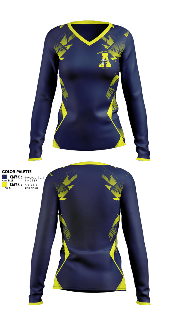 Womens Long Sleeve Vneck Shirt, Airport High School Cheer, Cheer, Teamtime, Team time, sublimation, custom sports apparel, team uniforms, spirit wear, spiritwear, sports uniforms, custom shirts, team store, custom team store, fundraiser sports, apparel fundraiser