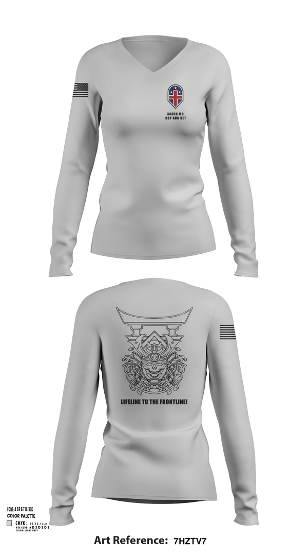 Womens Long Sleeve Vneck Shirt, 343rd Medical Hospital Augmentation Detachment, , Teamtime, Team time, sublimation, custom sports apparel, team uniforms, spirit wear, spiritwear, sports uniforms, custom shirts, team store, custom team store, fundraiser sports, apparel fundraiser