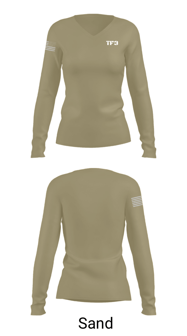 Womens Long Sleeve Vneck Shirt, TF3, Army, Teamtime, Team time, sublimation, custom sports apparel, team uniforms, spirit wear, spiritwear, sports uniforms, custom shirts, team store, custom team store, fundraiser sports, apparel fundraiser
