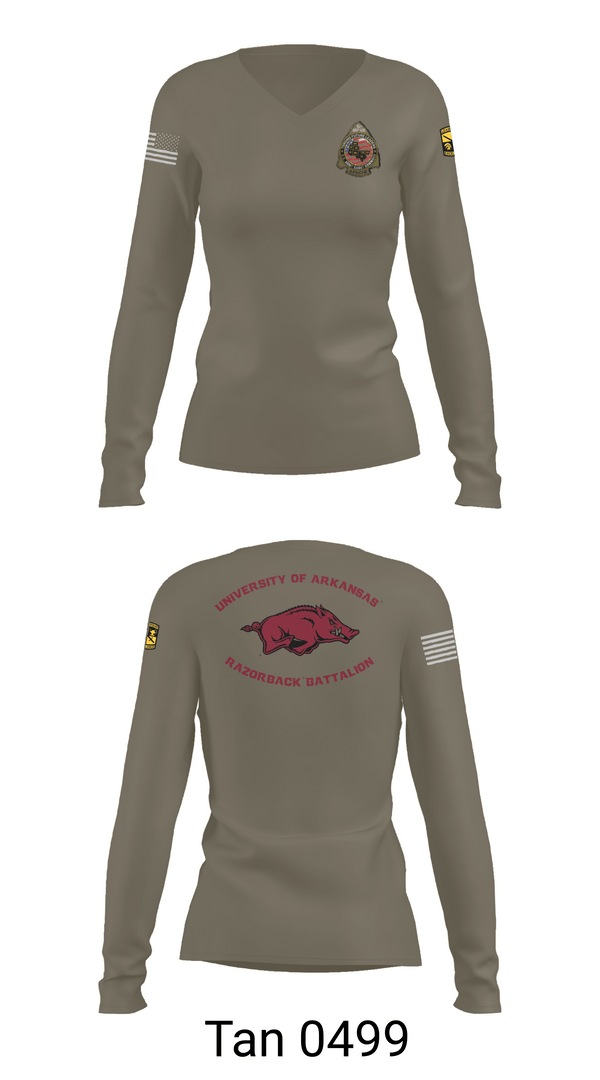 Womens Long Sleeve Vneck Shirt, University of Arkansas Army ROTC - Razorback Battalion, Army, Teamtime, Team time, sublimation, custom sports apparel, team uniforms, spirit wear, spiritwear, sports uniforms, custom shirts, team store, custom team store, fundraiser sports, apparel fundraiser
