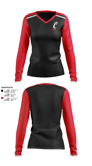 Womens Long Sleeve Vneck Shirt, University of Cincinnati Golf, Golf, Teamtime, Team time, sublimation, custom sports apparel, team uniforms, spirit wear, spiritwear, sports uniforms, custom shirts, team store, custom team store, fundraiser sports, apparel fundraiser