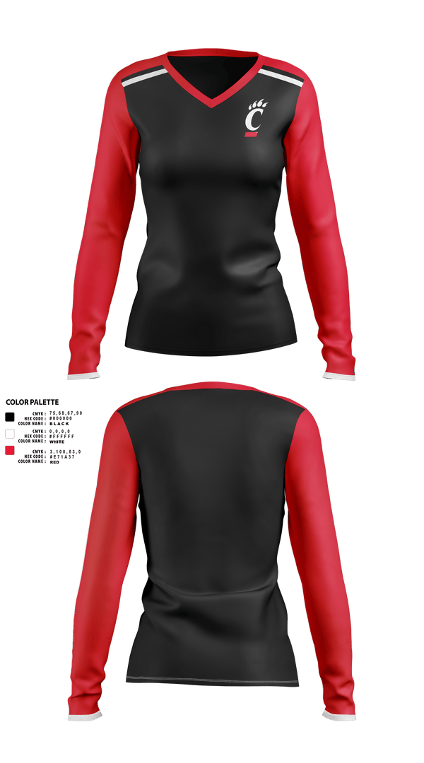 Womens Long Sleeve Vneck Shirt, University of Cincinnati Golf, Golf, Teamtime, Team time, sublimation, custom sports apparel, team uniforms, spirit wear, spiritwear, sports uniforms, custom shirts, team store, custom team store, fundraiser sports, apparel fundraiser