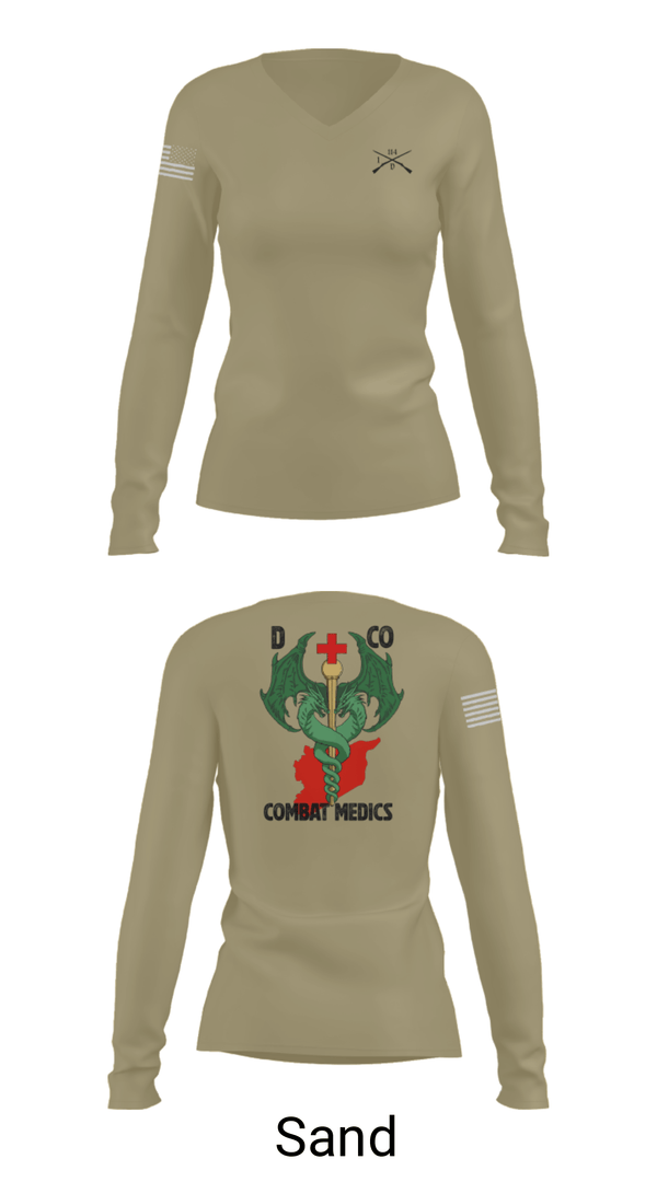 Womens Long Sleeve Vneck Shirt, D-co 1-114th, Army, Teamtime, Team time, sublimation, custom sports apparel, team uniforms, spirit wear, spiritwear, sports uniforms, custom shirts, team store, custom team store, fundraiser sports, apparel fundraiser