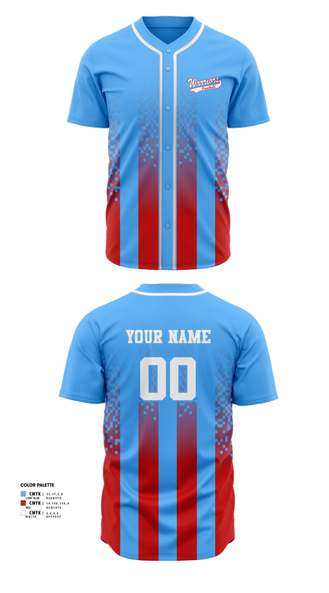 Full Button Baseball Jersey, Warriors baseball, Baseball, Teamtime, Team time, sublimation, custom sports apparel, team uniforms, spirit wear, spiritwear, sports uniforms, custom shirts, team store, custom team store, fundraiser sports, apparel fundraiser