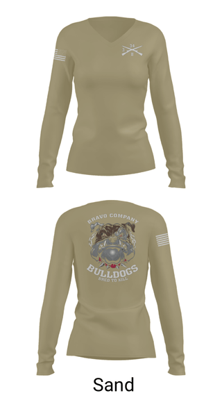 Women's Long Sleeve Vneck Shirt, B/3-34 Bulldogs, Army, Teamtime, Team time, sublimation, custom sports apparel, team uniforms, spirit wear, spiritwear, sports uniforms, custom shirts, team store, custom team store, fundraiser sports, apparel fundraiser