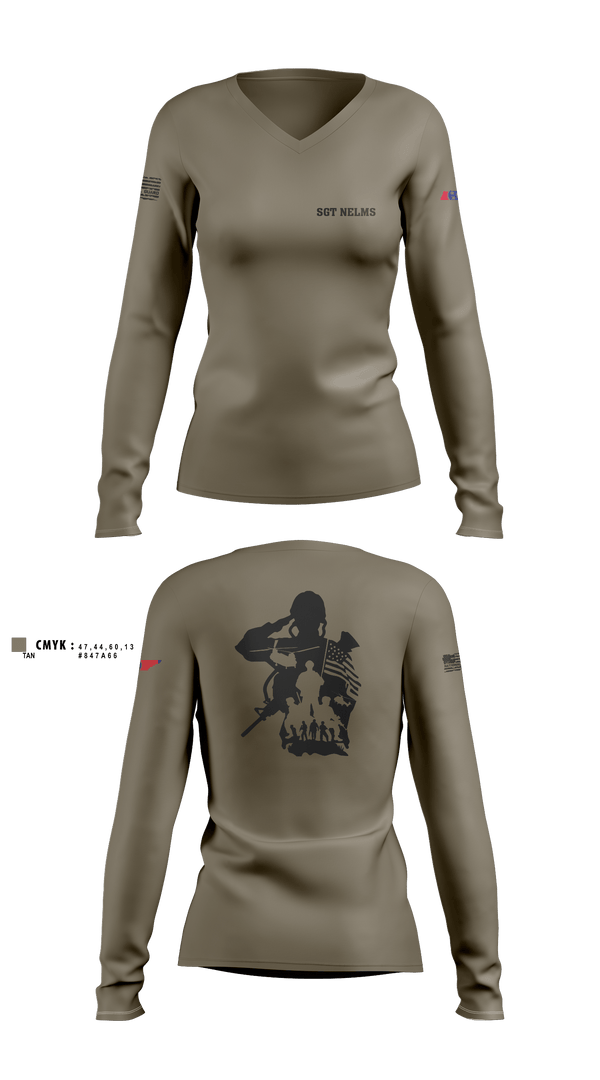 Womens Long Sleeve Vneck Shirt, SGT Nelms, National Guard, Teamtime, Team time, sublimation, custom sports apparel, team uniforms, spirit wear, spiritwear, sports uniforms, custom shirts, team store, custom team store, fundraiser sports, apparel fundraiser