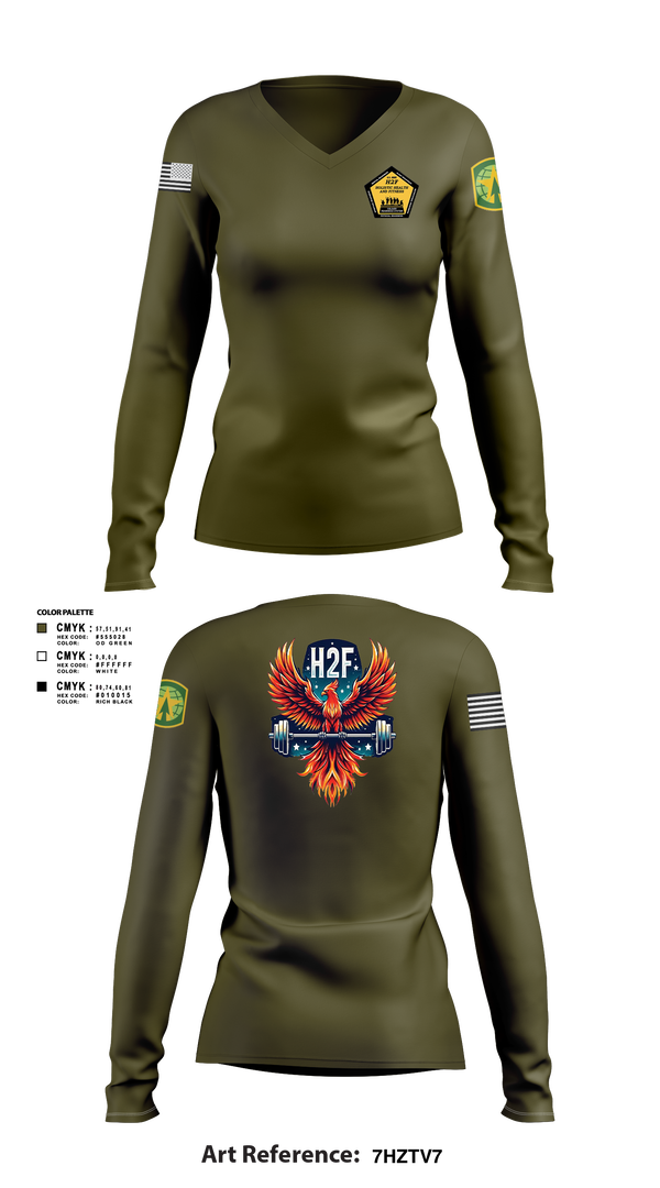 Womens Long Sleeve Vneck Shirt 1, Phoenix H2F, Army, Teamtime, Team time, sublimation, custom sports apparel, team uniforms, spirit wear, spiritwear, sports uniforms, custom shirts, team store, custom team store, fundraiser sports, apparel fundraiser