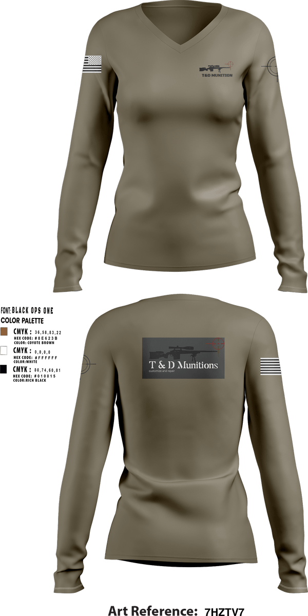 Womens Long Sleeve Vneck Shirt, T&D Munitions, , Teamtime, Team time, sublimation, custom sports apparel, team uniforms, spirit wear, spiritwear, sports uniforms, custom shirts, team store, custom team store, fundraiser sports, apparel fundraiser
