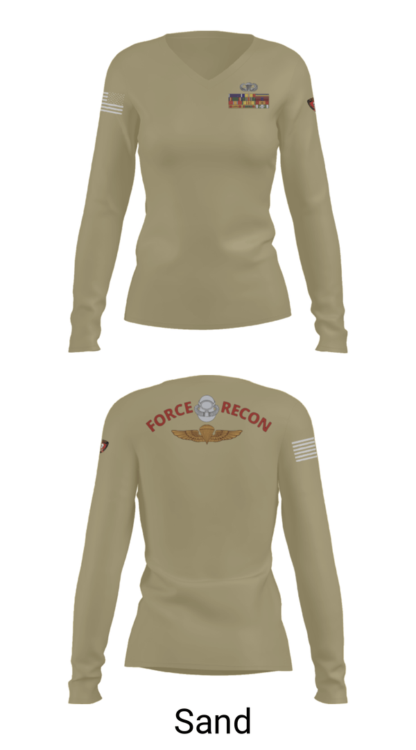Women's Long Sleeve Vneck Shirt, B Co. 3rd Recon BnForce Reconnaissance, Marines, Teamtime, Team time, sublimation, custom sports apparel, team uniforms, spirit wear, spiritwear, sports uniforms, custom shirts, team store, custom team store, fundraiser sports, apparel fundraiser