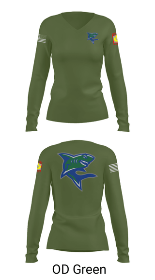 Women's Long Sleeve Vneck Shirt, Bullshark Battalion, Army, Teamtime, Team time, sublimation, custom sports apparel, team uniforms, spirit wear, spiritwear, sports uniforms, custom shirts, team store, custom team store, fundraiser sports, apparel fundraiser
