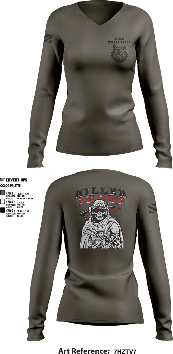 Womens Long Sleeve Vneck Shirt, 3/2CR Killer Troop, Army, Teamtime, Team time, sublimation, custom sports apparel, team uniforms, spirit wear, spiritwear, sports uniforms, custom shirts, team store, custom team store, fundraiser sports, apparel fundraiser