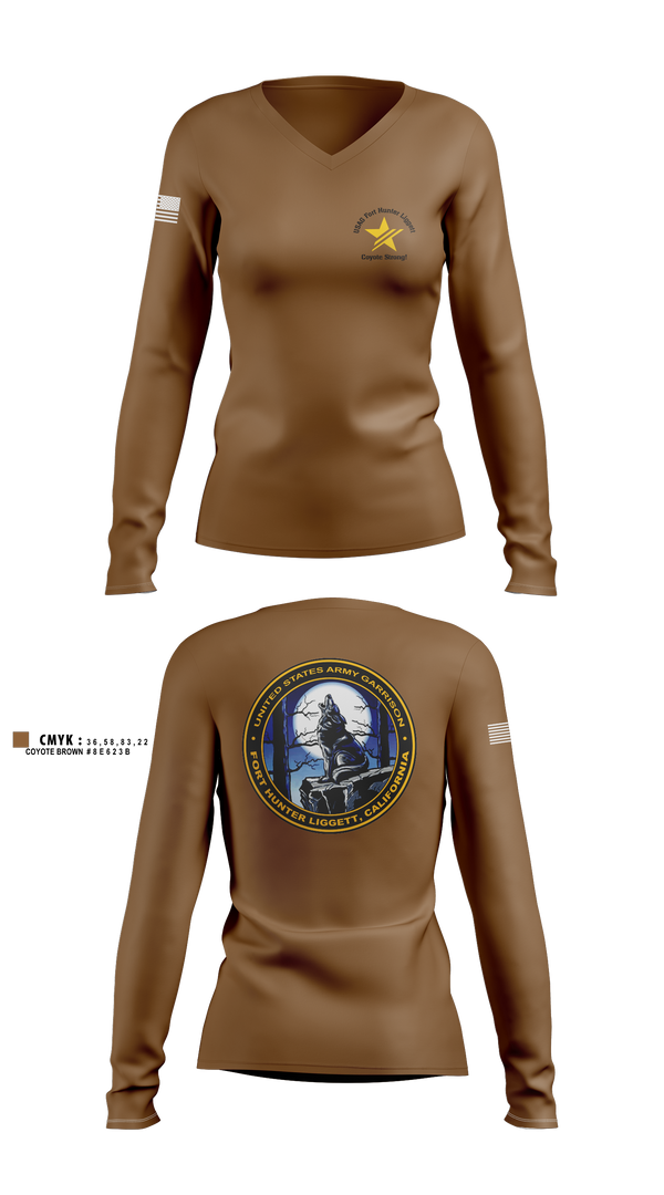 Womens Long Sleeve Vneck Shirt, USAG Fort Hunter Liggett, Army, Teamtime, Team time, sublimation, custom sports apparel, team uniforms, spirit wear, spiritwear, sports uniforms, custom shirts, team store, custom team store, fundraiser sports, apparel fundraiser