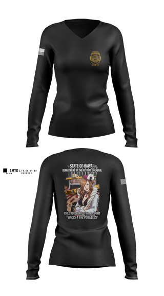 Womens Long Sleeve Vneck Shirt, State of Hawaii Department of the Attorney General Child Abuse Investigations Unit, , Teamtime, Team time, sublimation, custom sports apparel, team uniforms, spirit wear, spiritwear, sports uniforms, custom shirts, team store, custom team store, fundraiser sports, apparel fundraiser