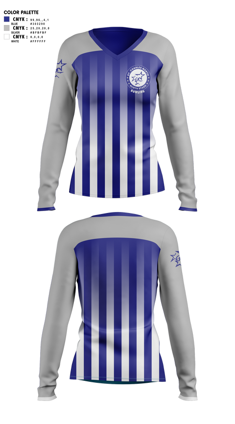Womens Long Sleeve Vneck Shirt, St Charles North High School Bowling, Bowling, Teamtime, Team time, sublimation, custom sports apparel, team uniforms, spirit wear, spiritwear, sports uniforms, custom shirts, team store, custom team store, fundraiser sports, apparel fundraiser