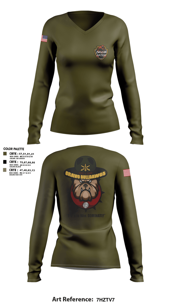 Womens Long Sleeve Vneck Shirt, Bravo Bulldawgs 3-6 ADARBulldawgs Battery, Army, Teamtime, Team time, sublimation, custom sports apparel, team uniforms, spirit wear, spiritwear, sports uniforms, custom shirts, team store, custom team store, fundraiser sports, apparel fundraiser