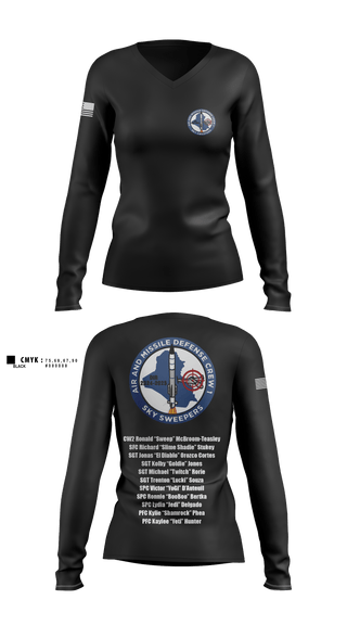 Womens Long Sleeve Vneck Shirt, Bravo Battery, 4th Battalion, 3rd Air Defense Artillery Regiment, Army, Teamtime, Team time, sublimation, custom sports apparel, team uniforms, spirit wear, spiritwear, sports uniforms, custom shirts, team store, custom team store, fundraiser sports, apparel fundraiser