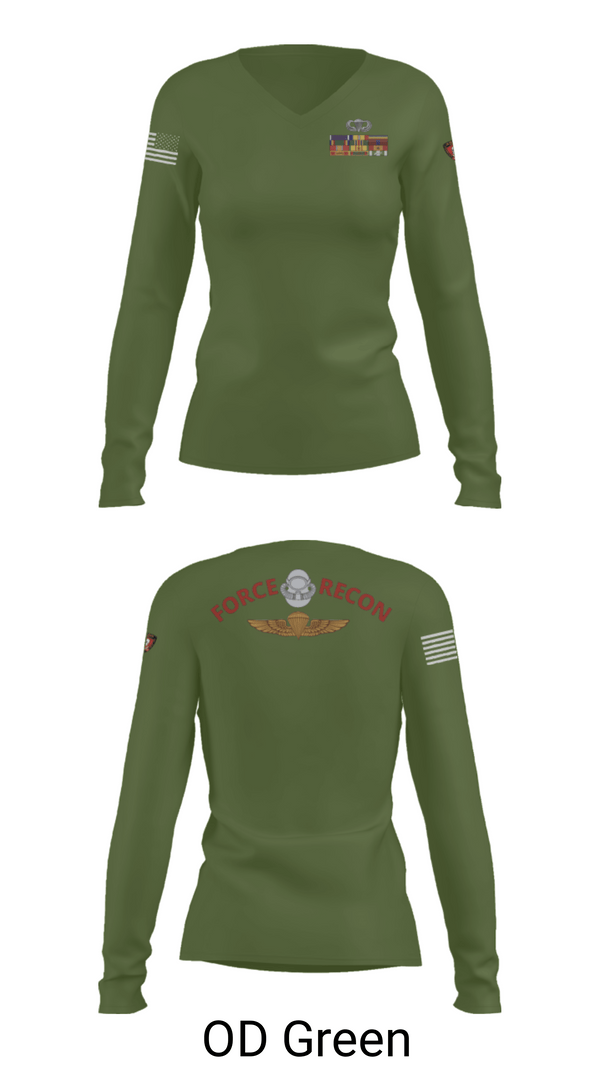 Women's Long Sleeve Vneck Shirt, B Co. 3rd Recon BnForce Reconnaissance, Marines, Teamtime, Team time, sublimation, custom sports apparel, team uniforms, spirit wear, spiritwear, sports uniforms, custom shirts, team store, custom team store, fundraiser sports, apparel fundraiser