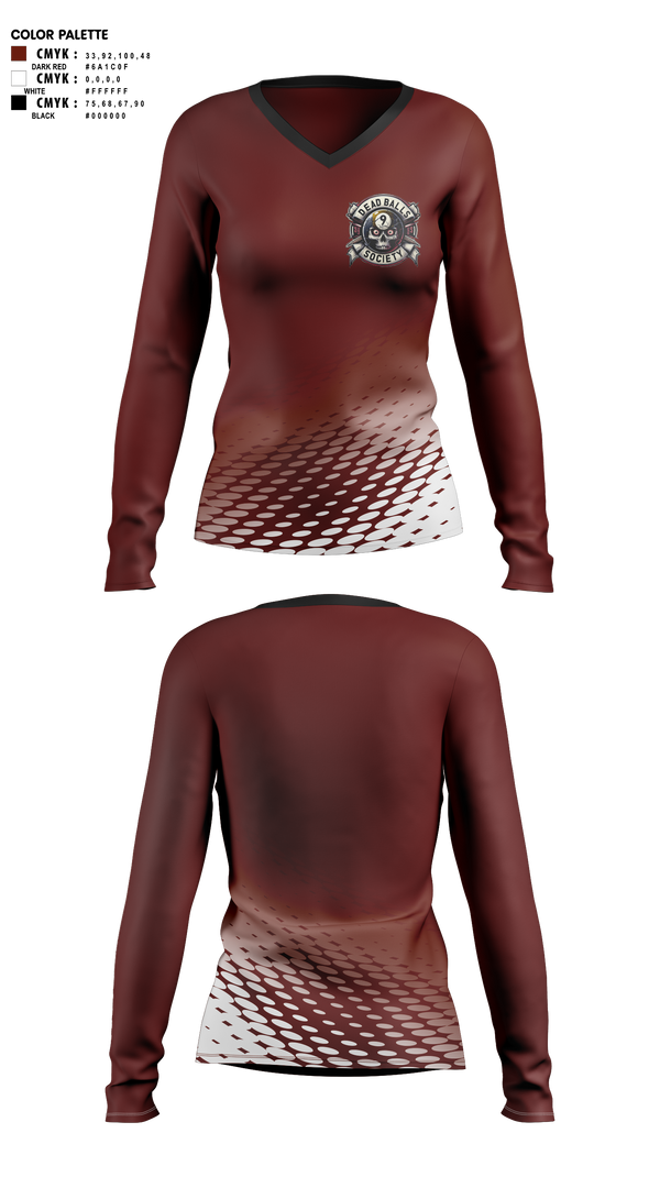 Womens Long Sleeve Vneck Shirt, Dead Balls Society, Bowling, Teamtime, Team time, sublimation, custom sports apparel, team uniforms, spirit wear, spiritwear, sports uniforms, custom shirts, team store, custom team store, fundraiser sports, apparel fundraiser