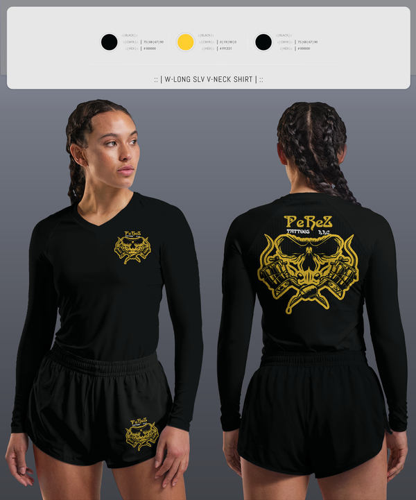 Womens Long Sleeve Vneck Shirt, PeReZ Tattoos, , Teamtime, Team time, sublimation, custom sports apparel, team uniforms, spirit wear, spiritwear, sports uniforms, custom shirts, team store, custom team store, fundraiser sports, apparel fundraiser
