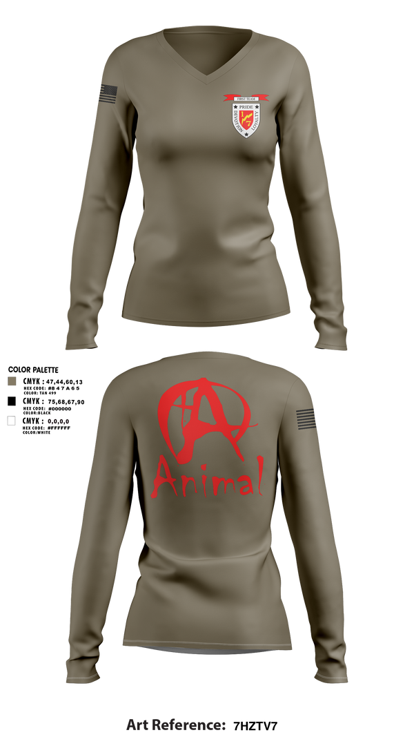 Womens Long Sleeve Vneck Shirt, 1/7 animal, Marines, Teamtime, Team time, sublimation, custom sports apparel, team uniforms, spirit wear, spiritwear, sports uniforms, custom shirts, team store, custom team store, fundraiser sports, apparel fundraiser