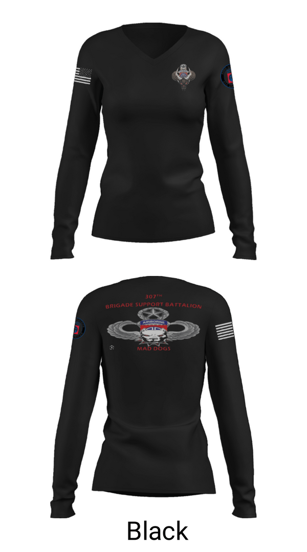 Women's Long Sleeve Vneck Shirt, 307th bsb, Army, Teamtime, Team time, sublimation, custom sports apparel, team uniforms, spirit wear, spiritwear, sports uniforms, custom shirts, team store, custom team store, fundraiser sports, apparel fundraiser