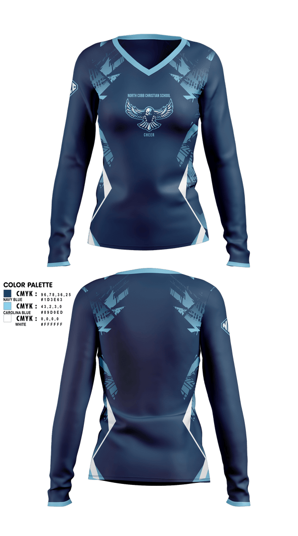 Womens Long Sleeve Vneck Shirt, North Cobb Christian School Cheer, Cheer, Teamtime, Team time, sublimation, custom sports apparel, team uniforms, spirit wear, spiritwear, sports uniforms, custom shirts, team store, custom team store, fundraiser sports, apparel fundraiser