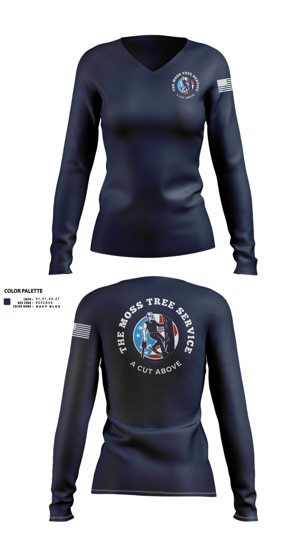 Womens Long Sleeve Vneck Shirt, The Moss Tree Service, , Teamtime, Team time, sublimation, custom sports apparel, team uniforms, spirit wear, spiritwear, sports uniforms, custom shirts, team store, custom team store, fundraiser sports, apparel fundraiser