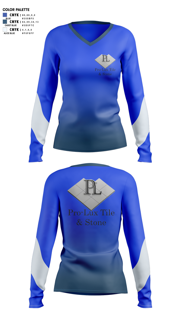 Womens Long Sleeve Vneck Shirt, Pro-Lux Tile & Stone, , Teamtime, Team time, sublimation, custom sports apparel, team uniforms, spirit wear, spiritwear, sports uniforms, custom shirts, team store, custom team store, fundraiser sports, apparel fundraiser
