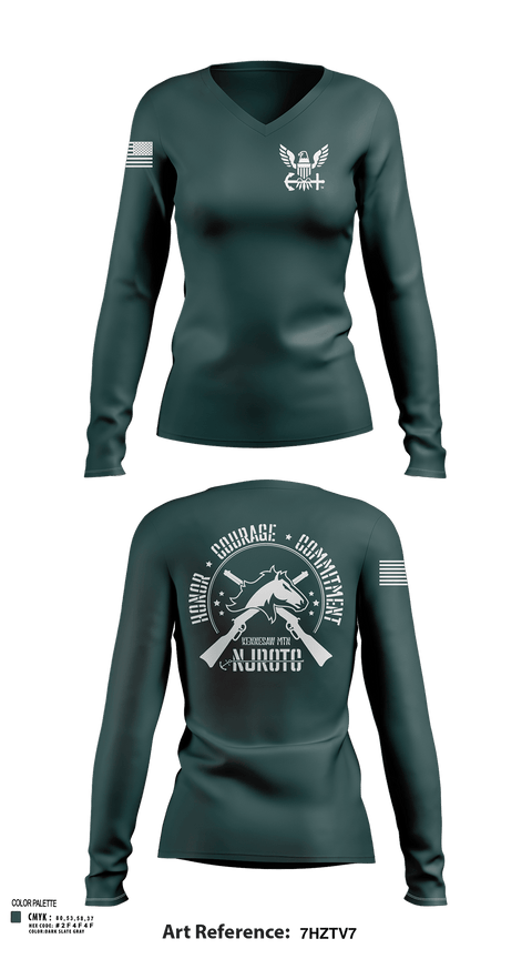 Womens Long Sleeve Vneck Shirt, Kennesaw Mountain NJROTC, Navy, Teamtime, Team time, sublimation, custom sports apparel, team uniforms, spirit wear, spiritwear, sports uniforms, custom shirts, team store, custom team store, fundraiser sports, apparel fundraiser